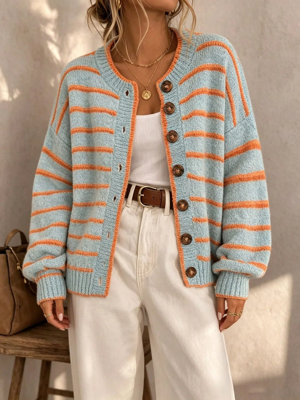 Frances Striped Crewneck Button Cardigan in Light Blue Stripe