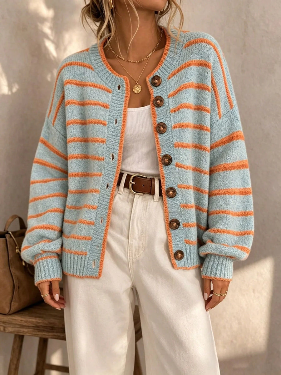 Frances Striped Crewneck Button Cardigan in Light Blue Stripe