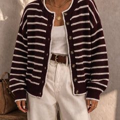Frances Striped Crewneck Button Cardigan in Burgundy Stripe