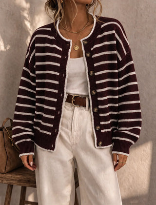 Frances Striped Crewneck Button Cardigan in Burgundy Stripe