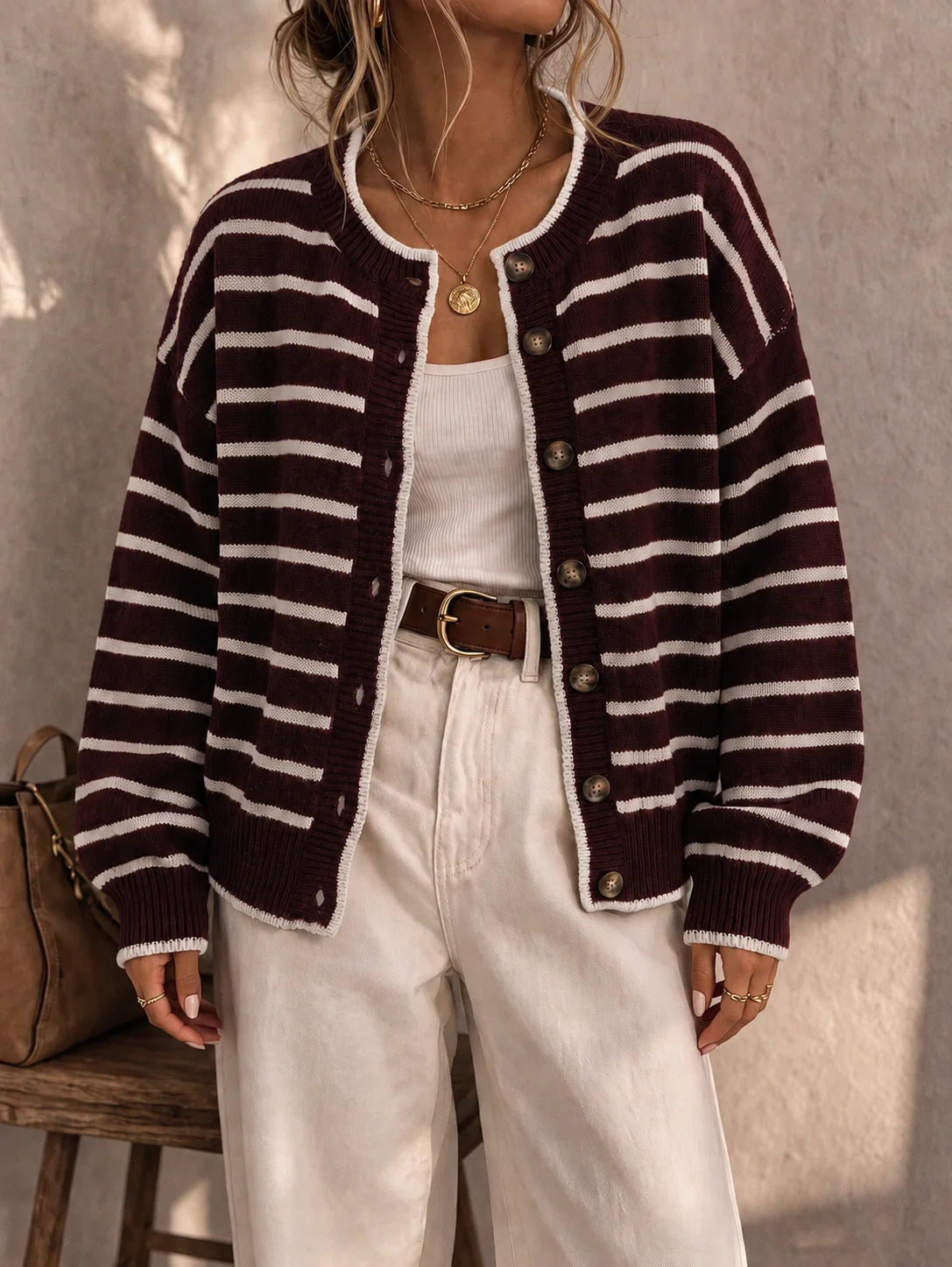 Frances Striped Crewneck Button Cardigan in Burgundy Stripe