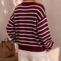 Frances Striped Crewneck Button Cardigan in Burgundy Stripe