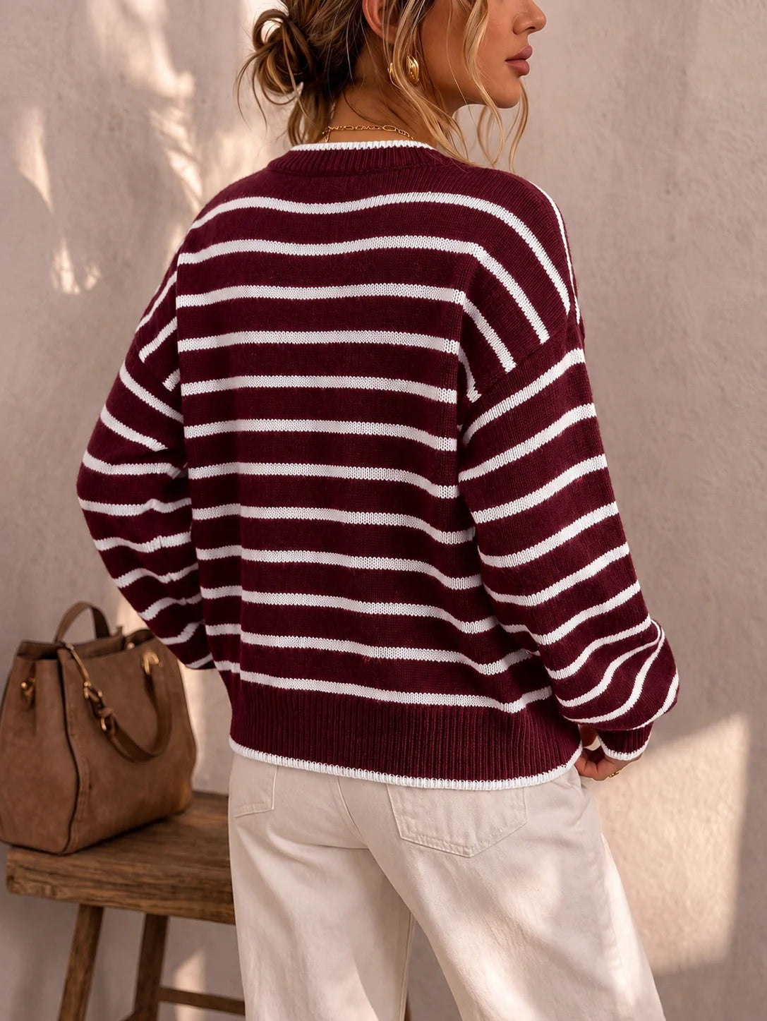 Frances Striped Crewneck Button Cardigan in Burgundy Stripe