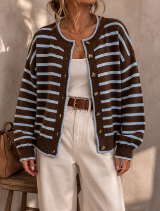 Frances Striped Crewneck Button Cardigan in Brown Stripe