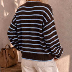 Frances Striped Crewneck Button Cardigan in Brown Stripe