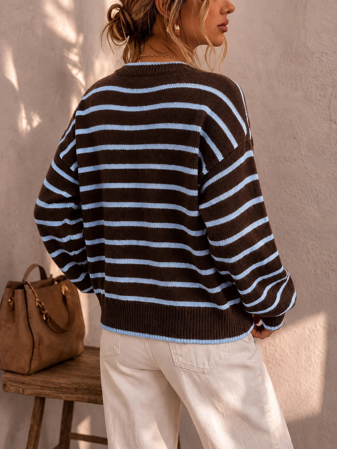 Frances Striped Crewneck Button Cardigan in Brown Stripe