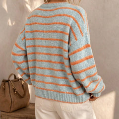 Frances Striped Crewneck Button Cardigan in Light Blue Stripe