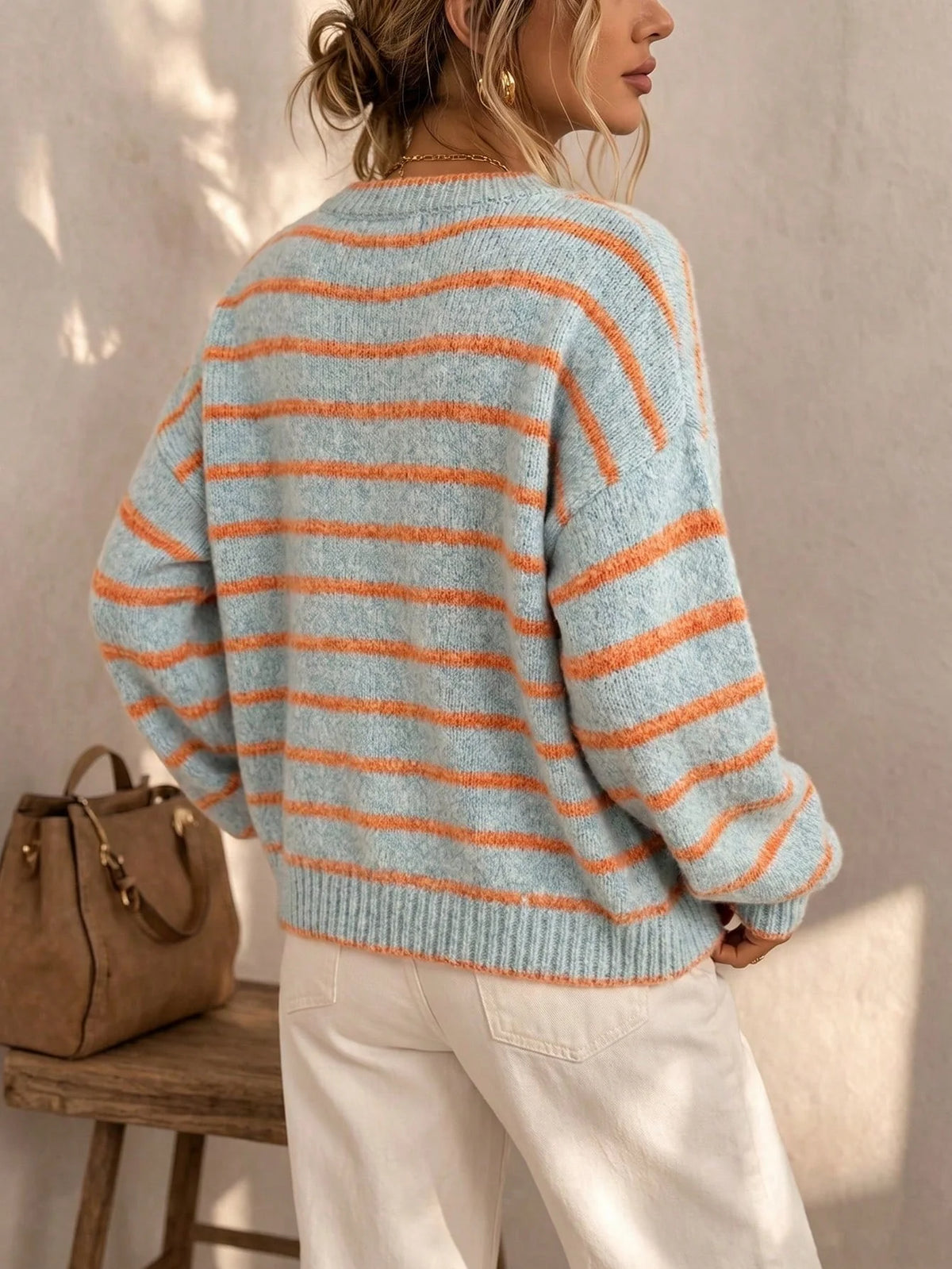 Frances Striped Crewneck Button Cardigan in Light Blue Stripe