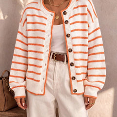 Frances Striped Crewneck Button Cardigan in White Stripe