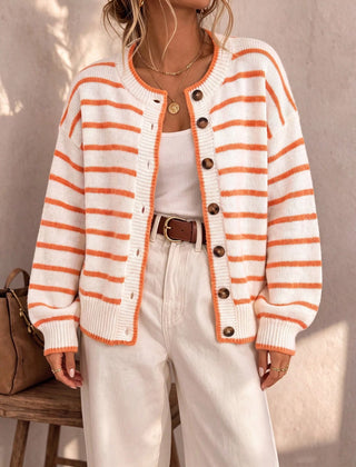 Frances Striped Crewneck Button Cardigan in White Stripe