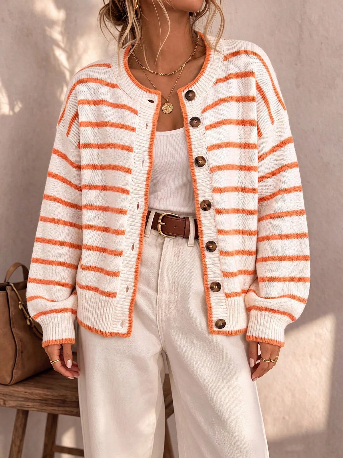 Frances Striped Crewneck Button Cardigan in White Stripe