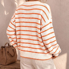 Frances Striped Crewneck Button Cardigan in White Stripe
