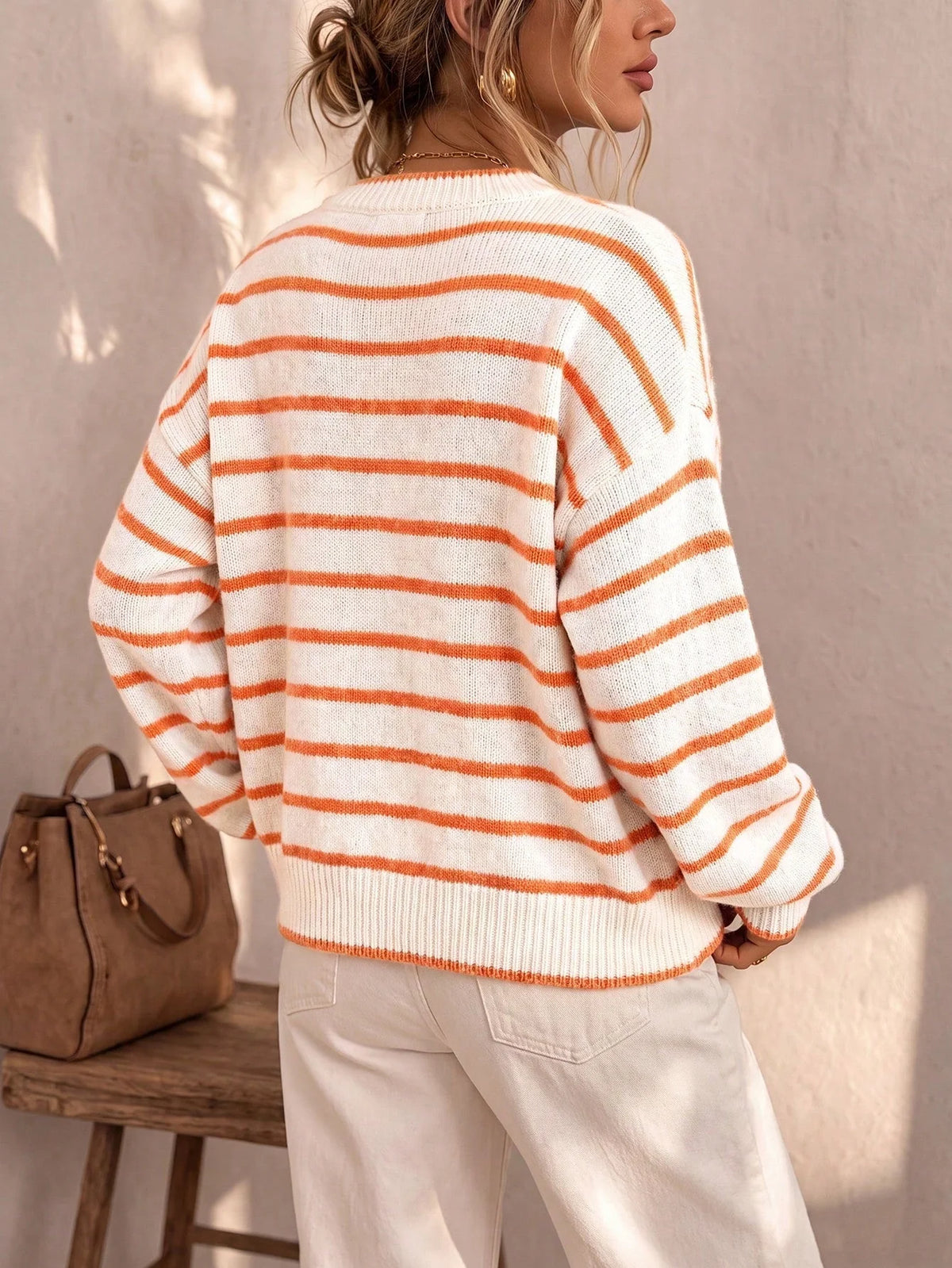 Frances Striped Crewneck Button Cardigan in White Stripe