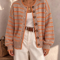 Frances Striped Crewneck Button Cardigan in Beige Stripe