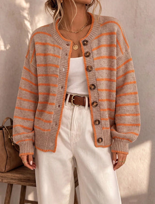 Frances Striped Crewneck Button Cardigan in Beige Stripe