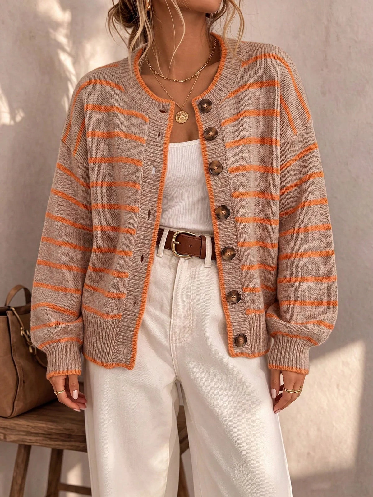 Frances Striped Crewneck Button Cardigan in Beige Stripe