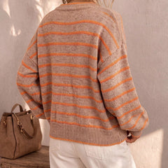 Frances Striped Crewneck Button Cardigan in Beige Stripe