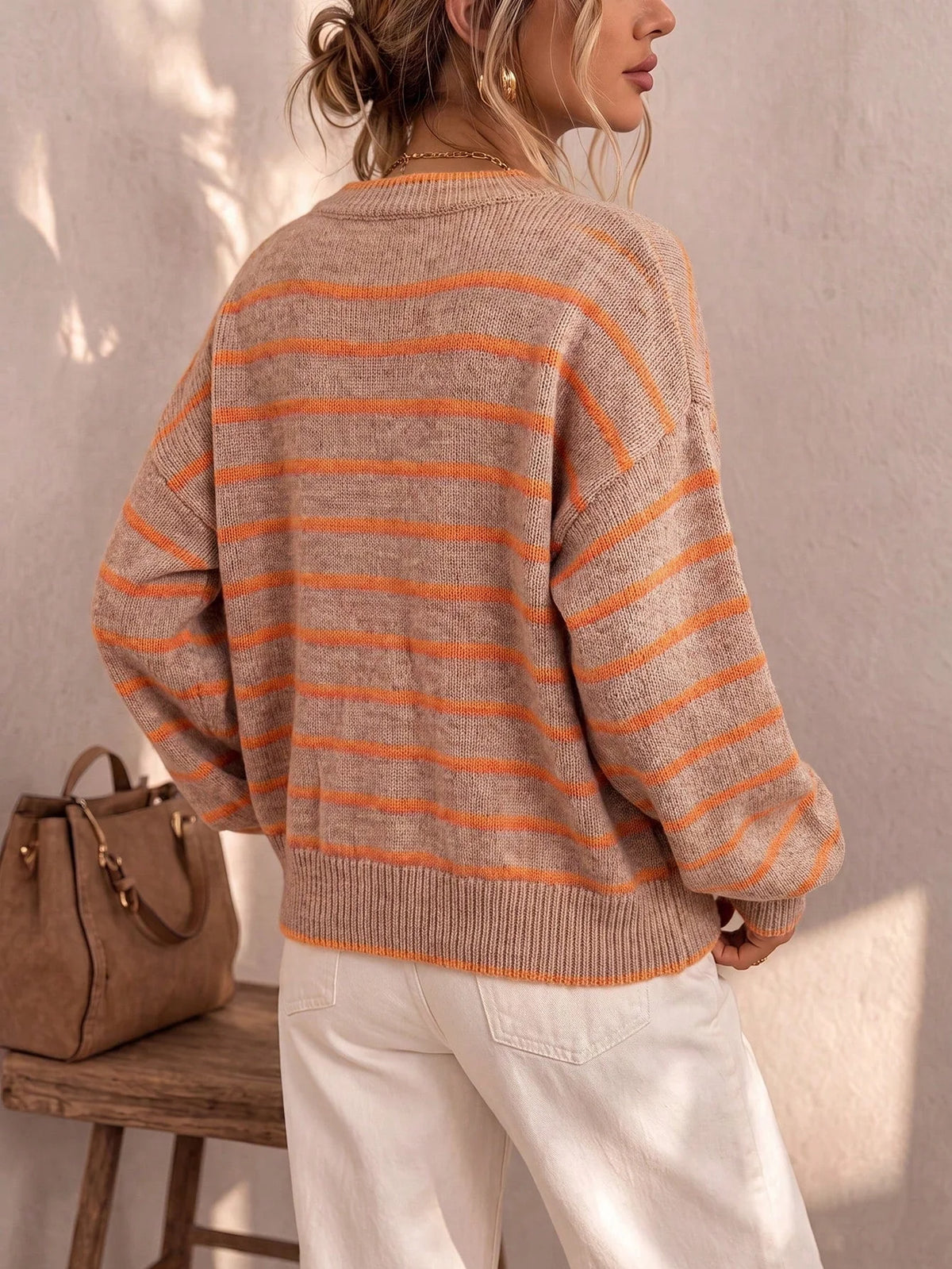 Frances Striped Crewneck Button Cardigan in Beige Stripe