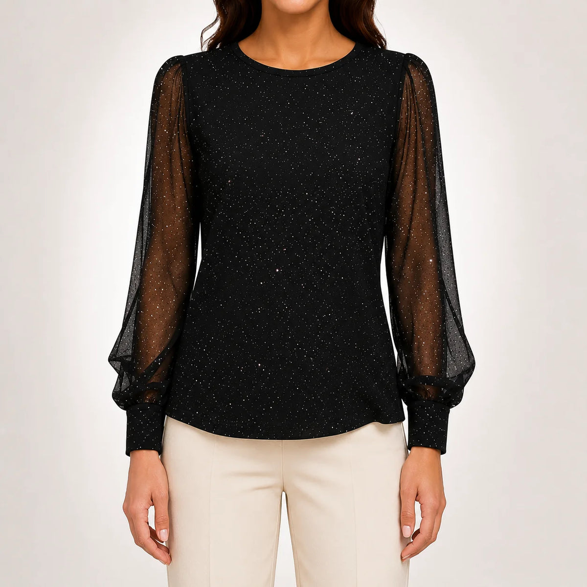 Francine Shimmer Blouse with Sheer Sleeves in Black
