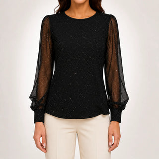 Francine Shimmer Blouse with Sheer Sleeves in Black