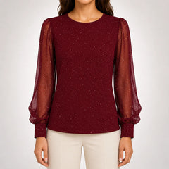 Francine Shimmer Blouse with Sheer Sleeves in Burgundy