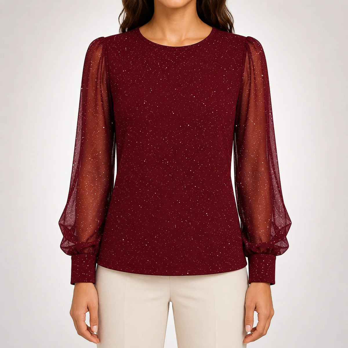 Francine Shimmer Blouse with Sheer Sleeves in Burgundy