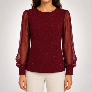 Francine Shimmer Blouse with Sheer Sleeves in Burgundy