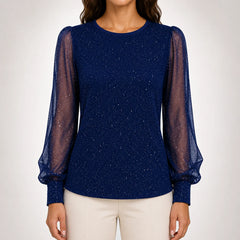 Francine Shimmer Blouse with Sheer Sleeves in Navy Blue