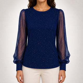 Francine Shimmer Blouse with Sheer Sleeves in Navy Blue