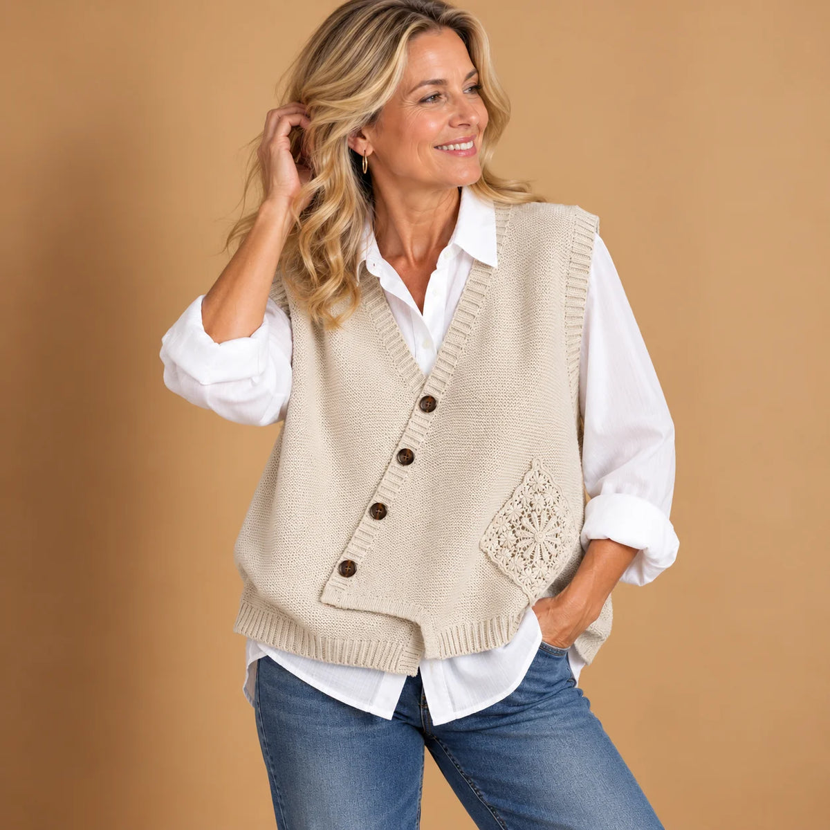 Freya Asymmetric Button Sweater Vest in Cream