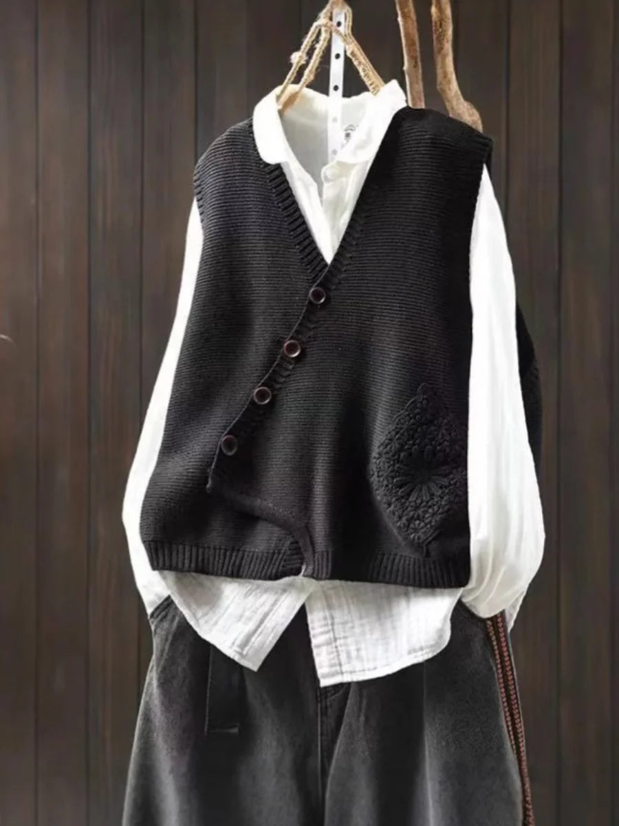 Freya Asymmetric Button Sweater Vest in Black