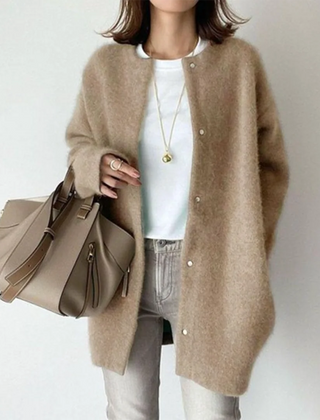 Gabrielle Brushed Longline Button Cardigan in Camel