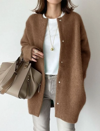 Gabrielle Brushed Longline Button Cardigan in Caramel
