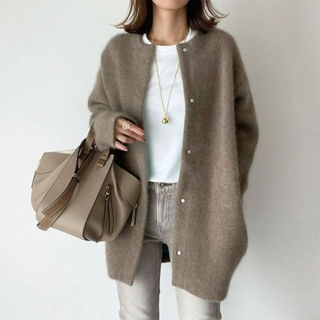 Gabrielle Brushed Longline Button Cardigan in Brown