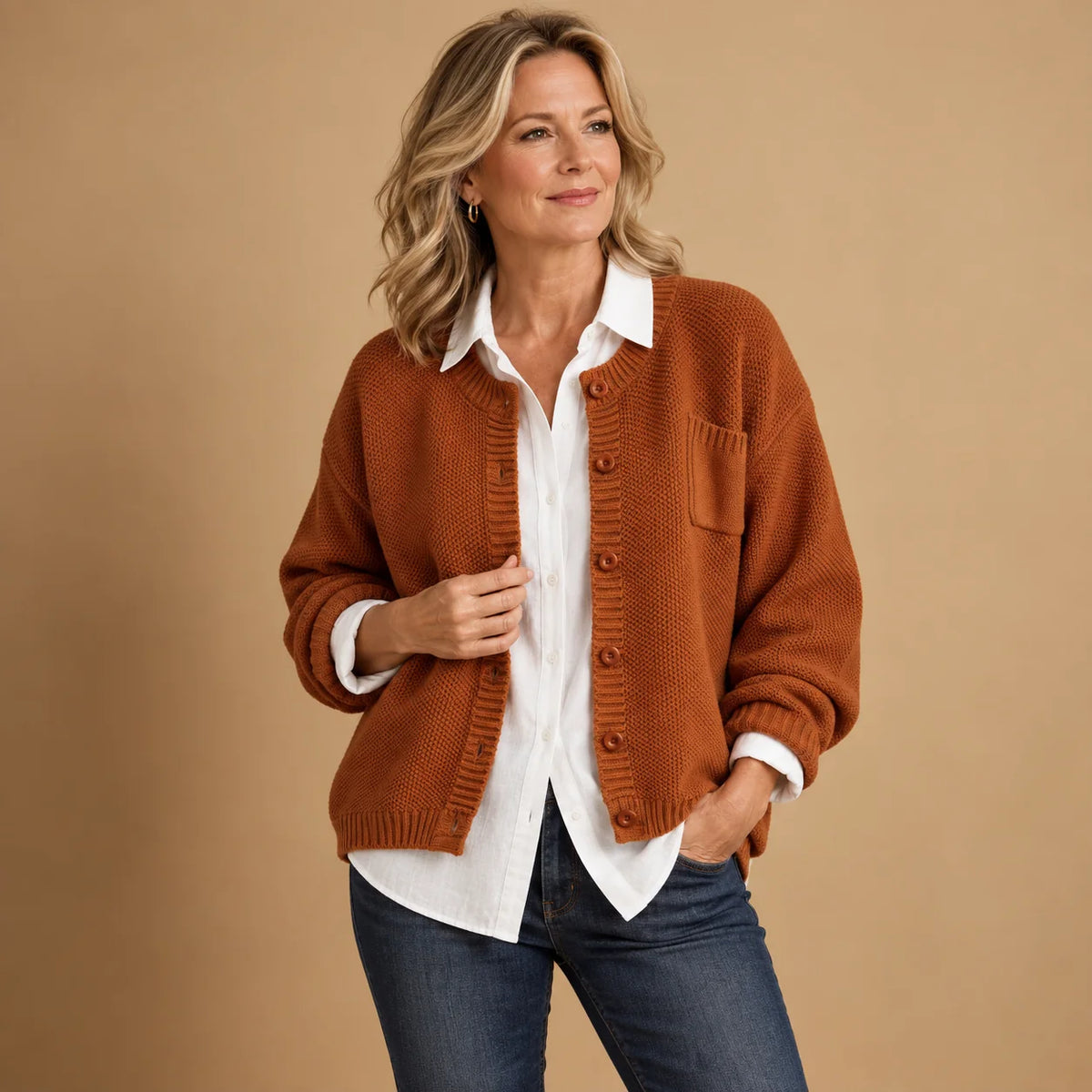 Gail Crewneck Pocket Button Cardigan in Rust