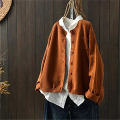 Gail Crewneck Pocket Button Cardigan in Rust