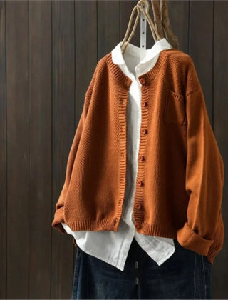 Gail Crewneck Pocket Button Cardigan in Rust