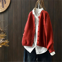Gail Crewneck Pocket Button Cardigan in Red