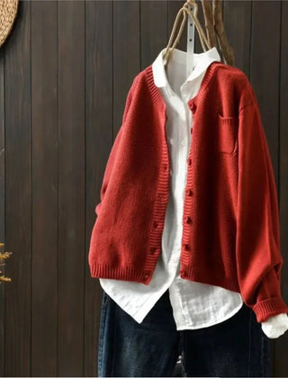 Gail Crewneck Pocket Button Cardigan in Red