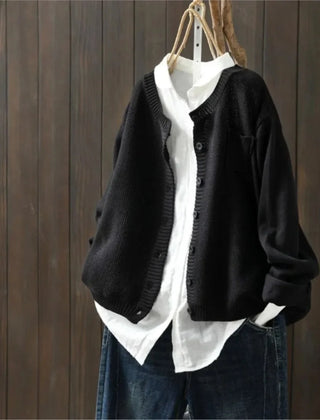 Gail Crewneck Pocket Button Cardigan in Black