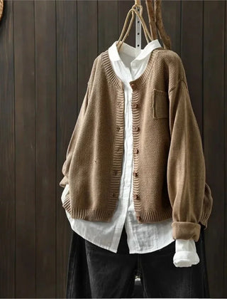 Gail Crewneck Pocket Button Cardigan in Taupe