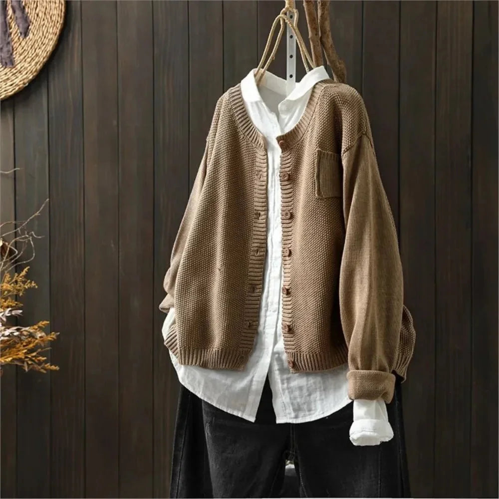 Gail Crewneck Pocket Button Cardigan in Taupe
