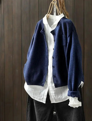 Gail Crewneck Pocket Button Cardigan in Navy