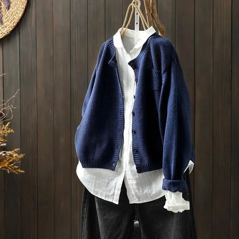 Gail Crewneck Pocket Button Cardigan in Navy