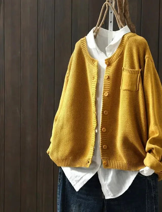 Gail Crewneck Pocket Button Cardigan in Mustard