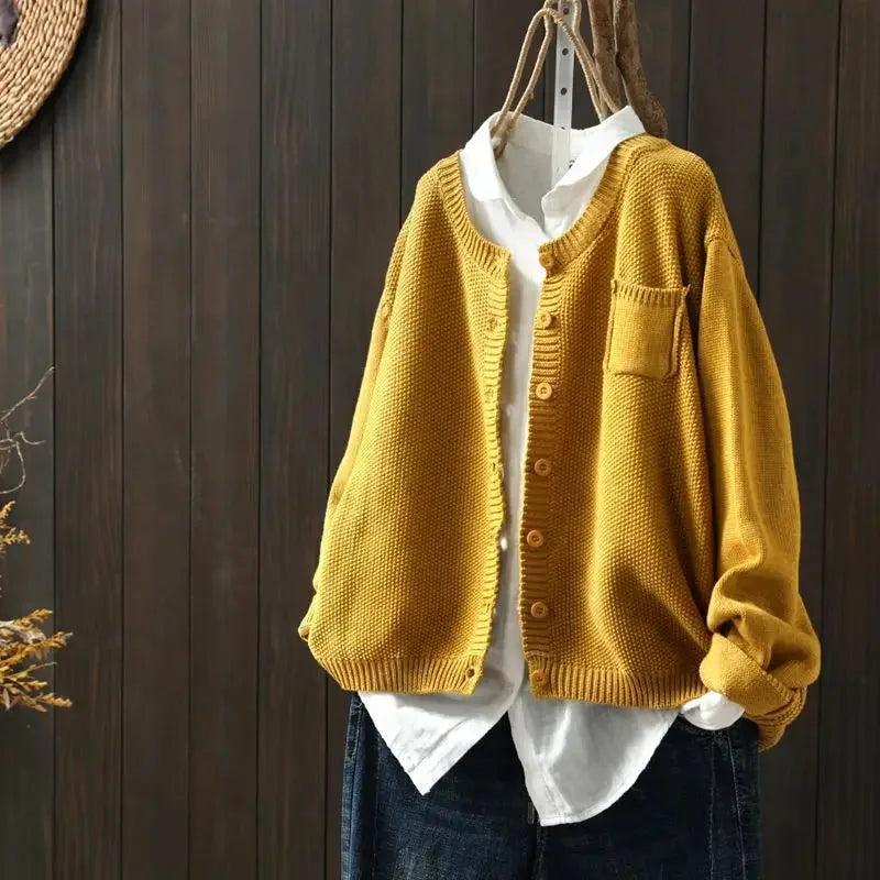 Gail Crewneck Pocket Button Cardigan in Mustard