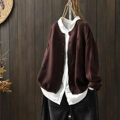 Gail Crewneck Pocket Button Cardigan in Burgundy