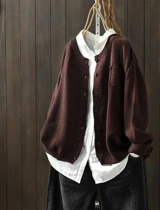 Gail Crewneck Pocket Button Cardigan in Burgundy