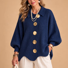 Genevieve Scalloped Hem Gold Button Cardigan in Navy