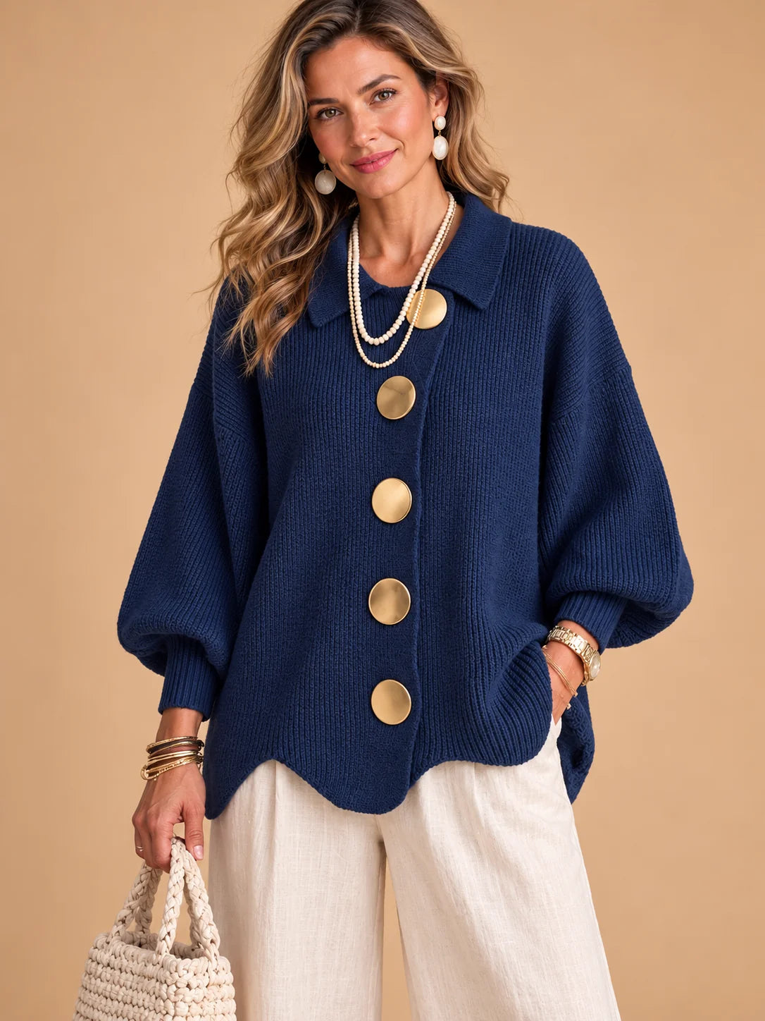 Genevieve Scalloped Hem Gold Button Cardigan in Navy